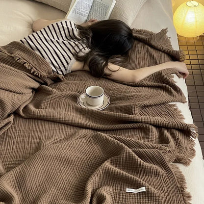 Crinkle Cotton Tassel Throw Blanket