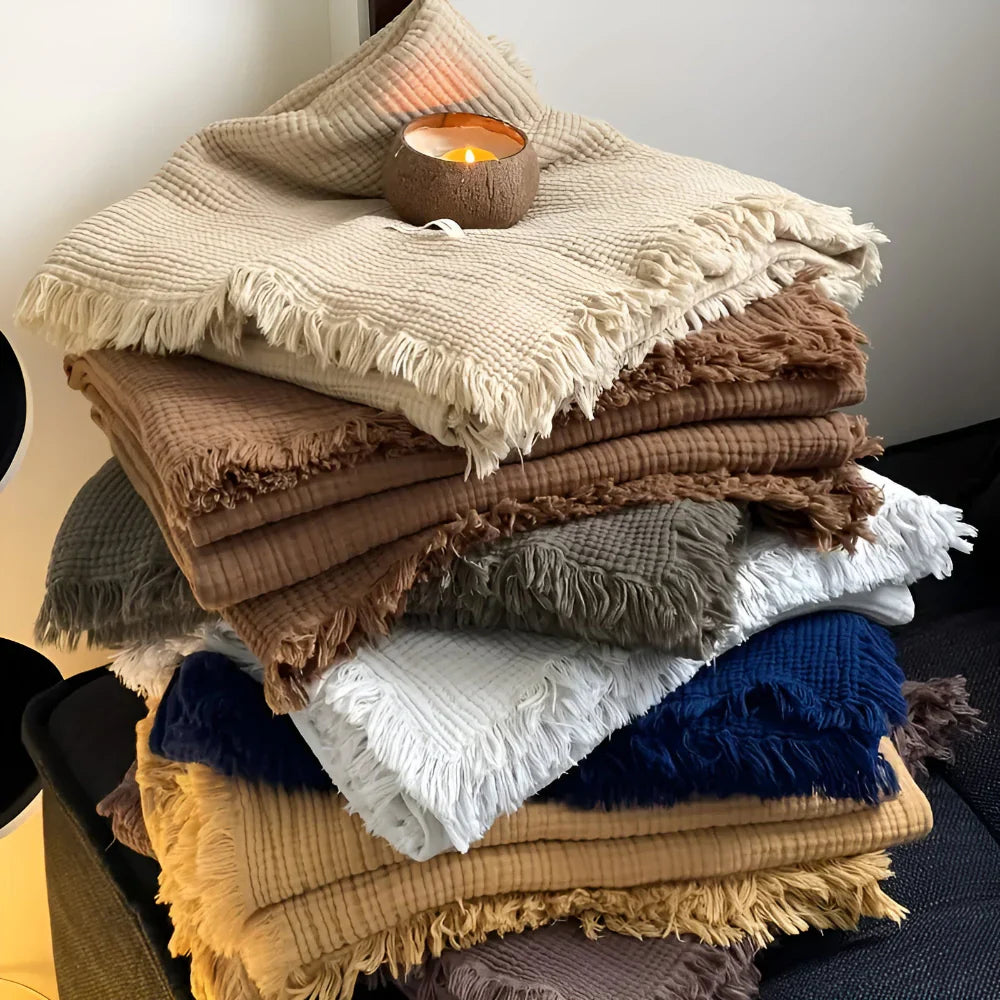 Crinkle Cotton Tassel Throw Blanket